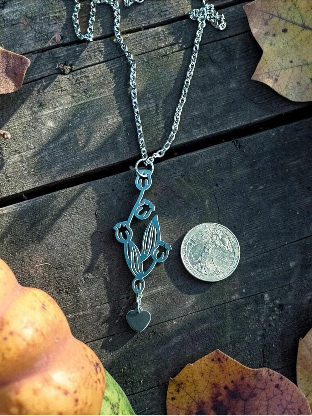 🆕 May Birth Flower LILY OF THE VALLEY Laser Etched Pendant Necklace